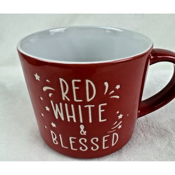 Coffee Mug Ceramic Red White And Blessed 4th Of July Patriotic 16 Oz. - Picture 1 of 5